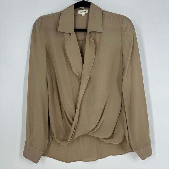 L’AGENCE Neutal Tan Chantarelle Silk Chiffon Longsleeve Faux Wrap Blouse Sz XS - Picture 2 of 10